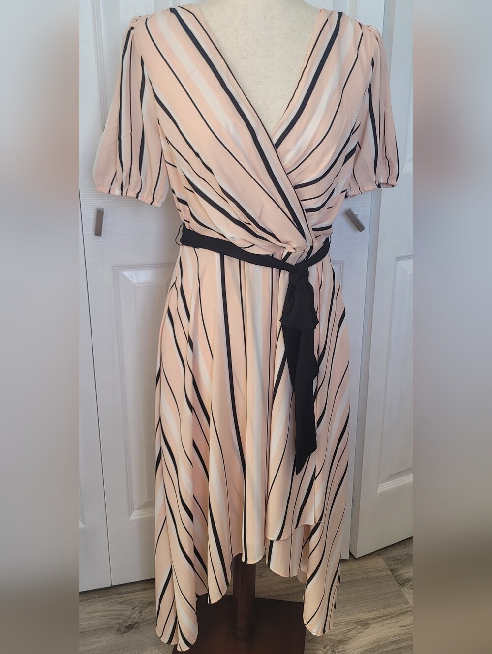 Karl Lagerfeld Paris Blush Pink Striped Faux Wrap High Low Midi Dress NWT Size 6